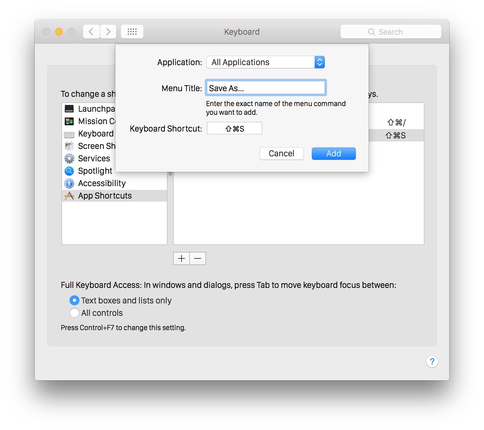 Scorciatoia da tastiera Salva con nome in OS X