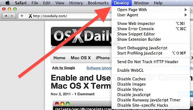 Il menu dello sviluppatore di Safari mostrato in Mac OS X con molte funzioni incentrate sullo sviluppatore disponibili per il browser