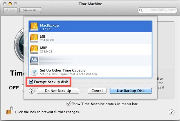 Crittografa i backup di Time Machine in Mac OS X