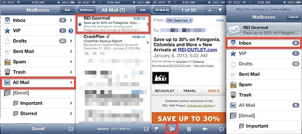 Sposta le e-mail archiviate nella posta in arrivo in iOS