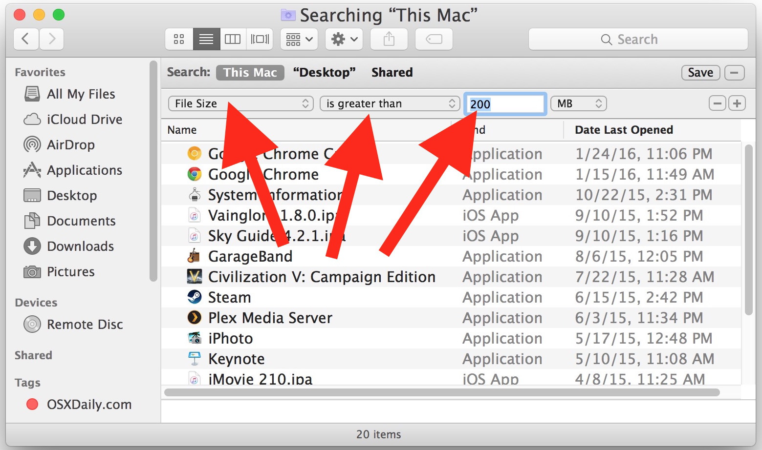 Trova file di grandi dimensioni in Mac OS X con la funzione di ricerca