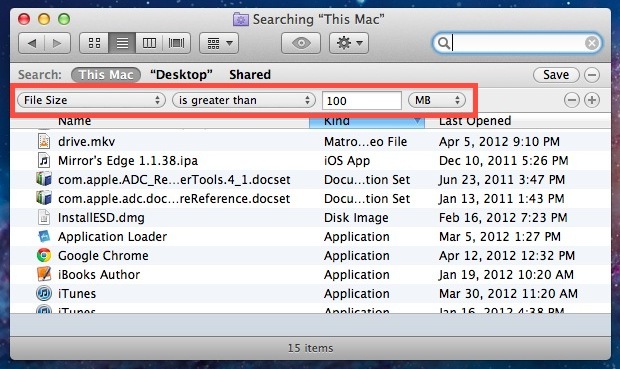 Trova file di grandi dimensioni in Mac OS X con Cerca