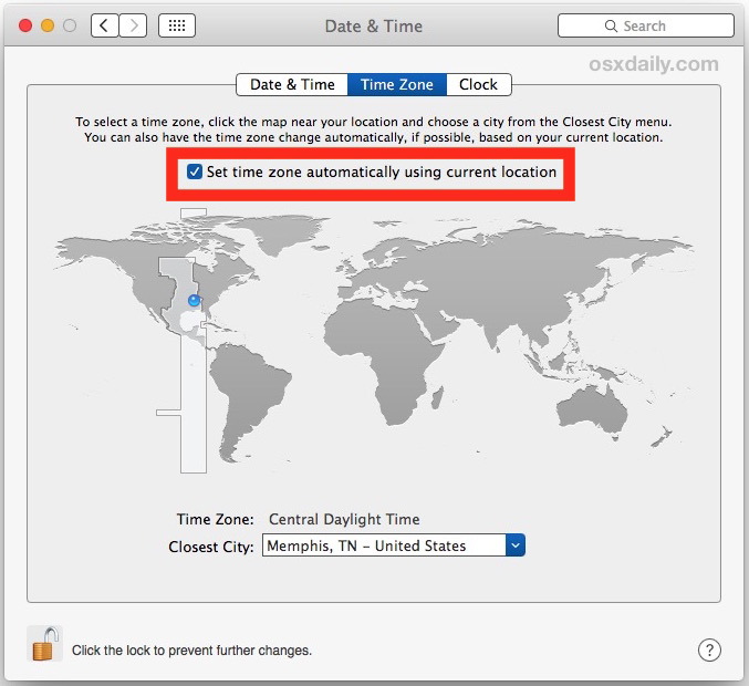 Imposta il fuso orario per correggere ora e data errate in Mac OS X.