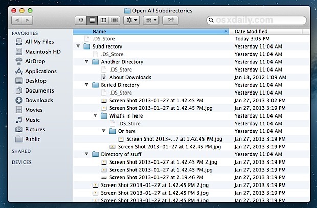 Struttura della directory annidata da appiattire come mostrato nel Finder di Mac OS X