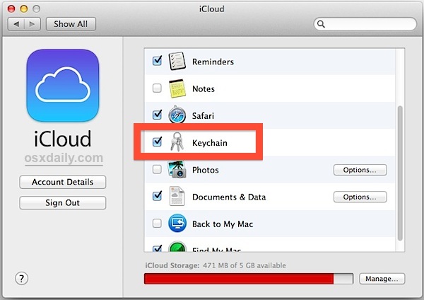 Abilita il portachiavi iCloud in Mac OS X.