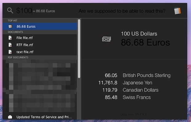 Converti valuta con Spotlight in OS X Yosemite, bug in modalità oscura