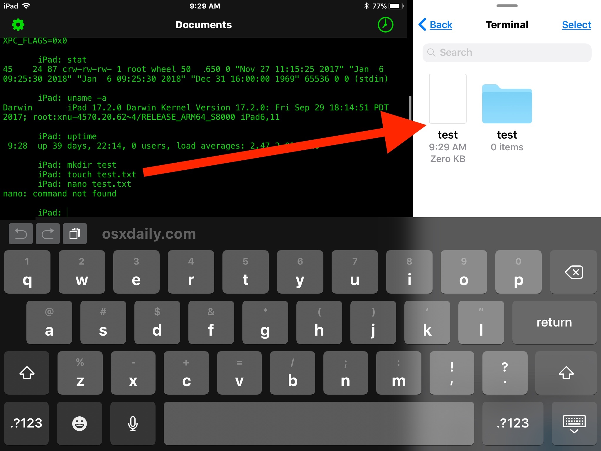 Terminale per iOS su iPad affiancato all'app File