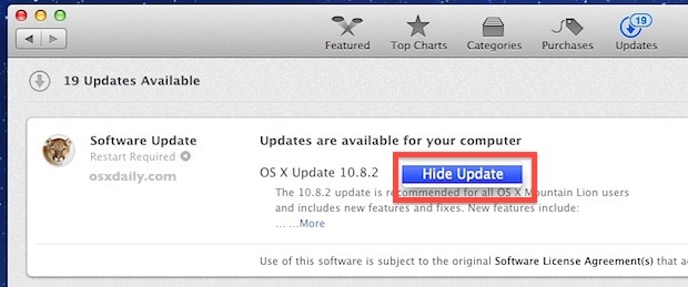 Nascondi un aggiornamento software da App Store in Mac OS X.