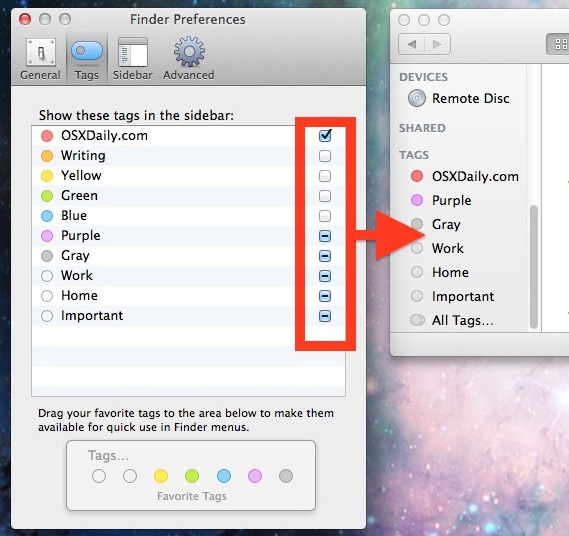 Pannello di controllo per nascondere e mostrare tag specifici in Mac Sidebar