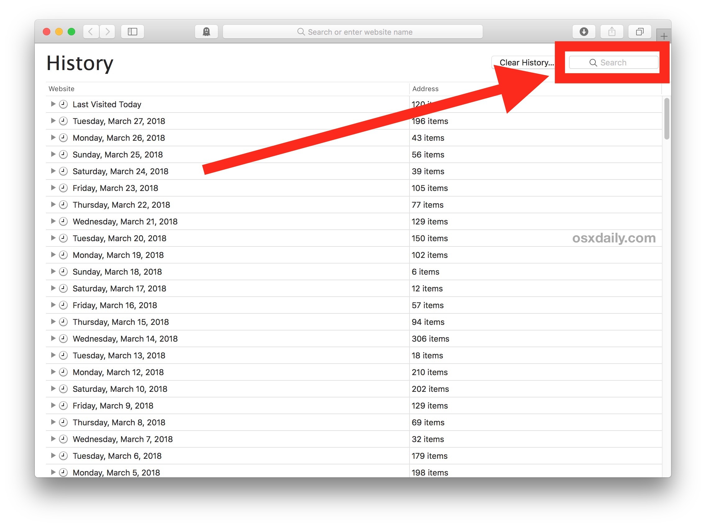 Accedi a Ricerca cronologia Safari su Mac