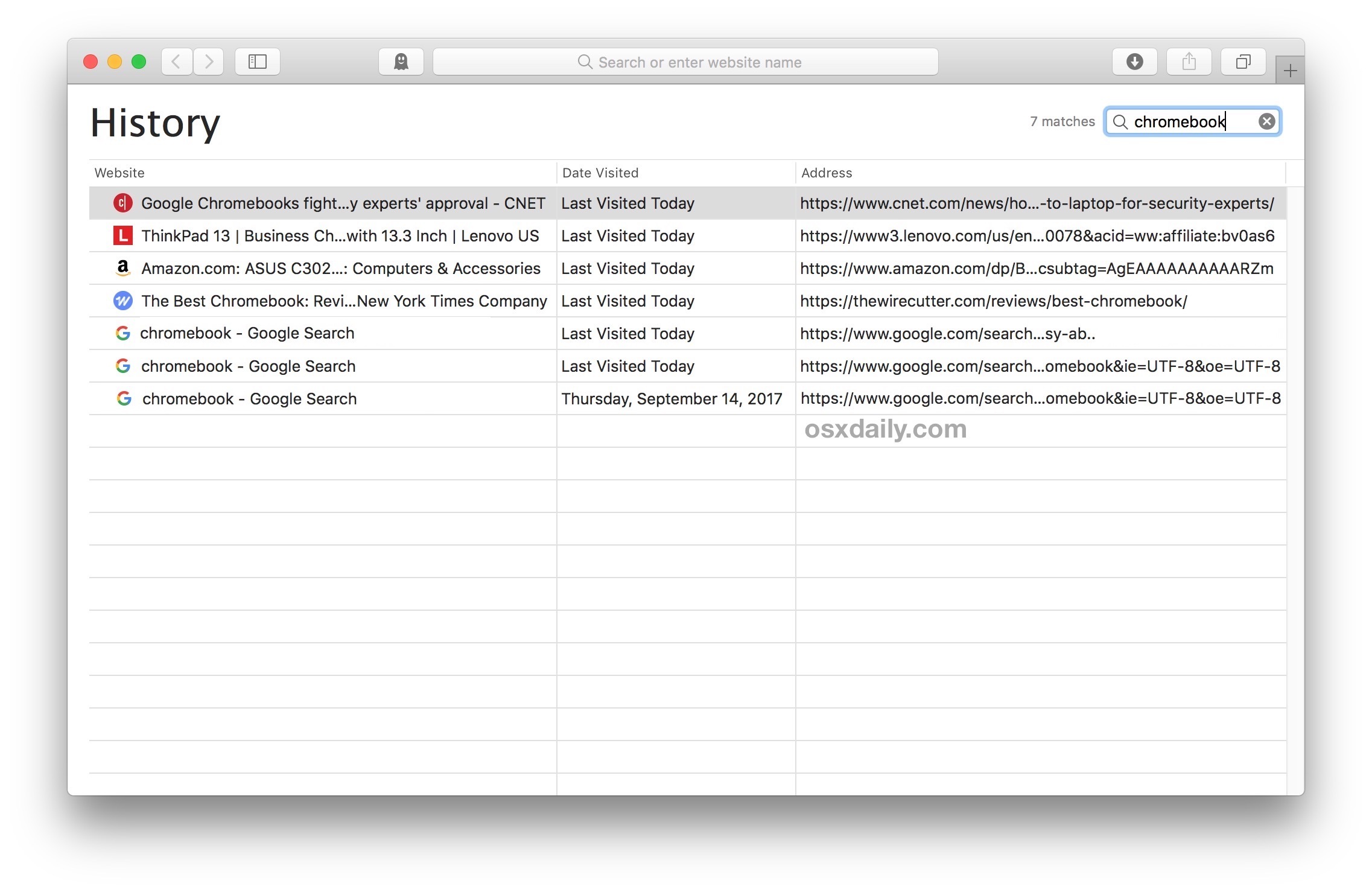 Cerca la cronologia di Safari su Mac