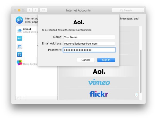 Aggiungi un account e-mail al Mac dalle preferenze del sistema Account Internet