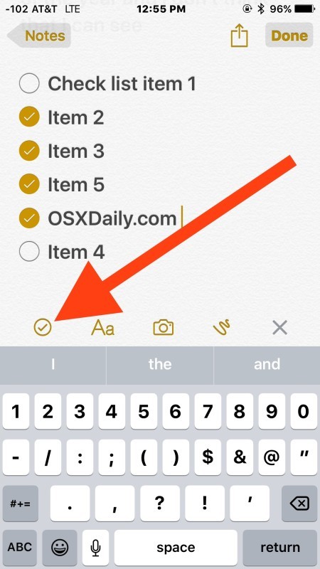 Aggiungi l'elenco di controllo a Notes in iOS