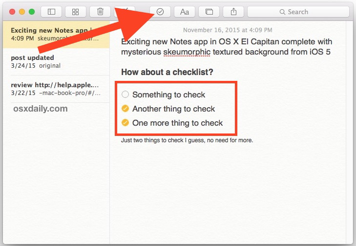 Inserisci la lista di controllo in Notes in Mac OS X.