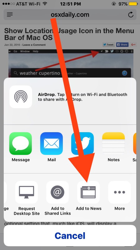 Iscriviti manualmente ai siti RSS in Apple News con Aggiungi alle notizie in iOS Safari