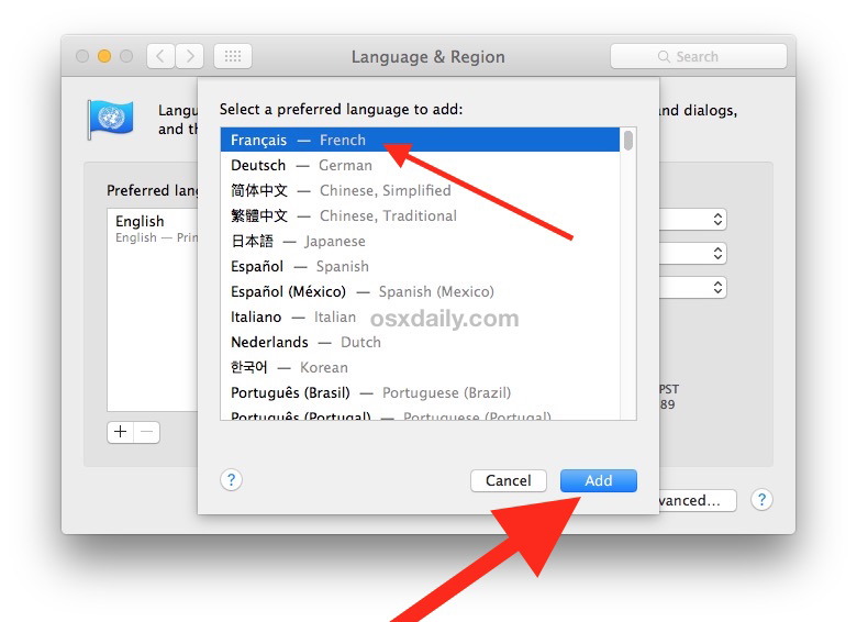 scegli la lingua da aggiungere al Mac
