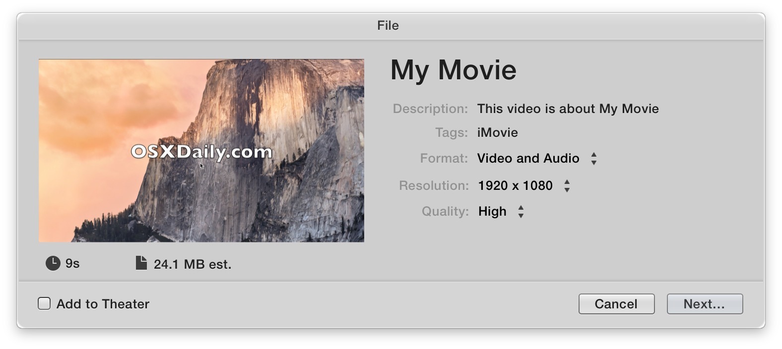 Salvare un video con iMovie per Mac OS X è un'esperienza unica di salvataggio dei file utilizzando un menu di condivisione