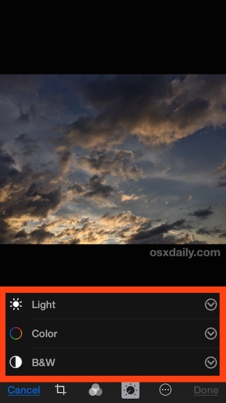 Seleziona quale colore o strumento di illuminazione desideri adattare in Foto iOS