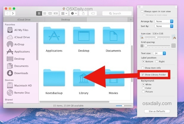 Rendere visibile la cartella Libreria in OS X Yosemite con un interruttore di Impostazioni