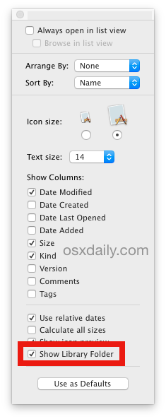 L'opzione Mostra le impostazioni della Libreria utente in OS X