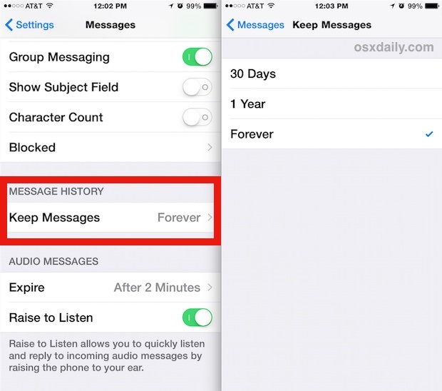 Elimina i vecchi messaggi automaticamente in iOS