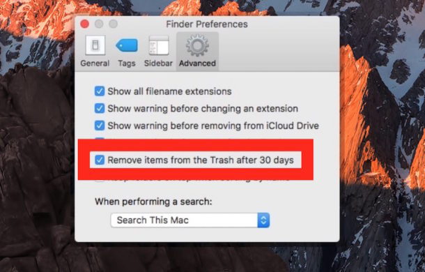 Rimuovi automaticamente elementi dal Cestino dopo 30 giorni in Mac OS