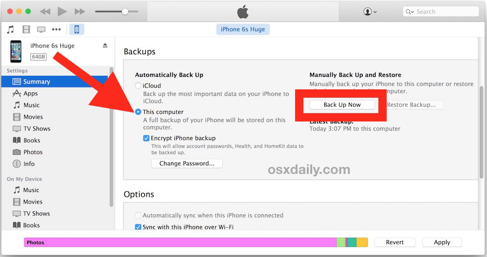 Esegui il backup dell'iPhone sul disco rigido esterno da iTunes