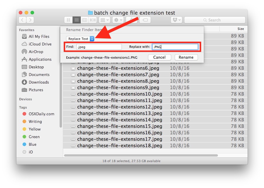 Sostituire un'estensione di file con un'altra estensione di file