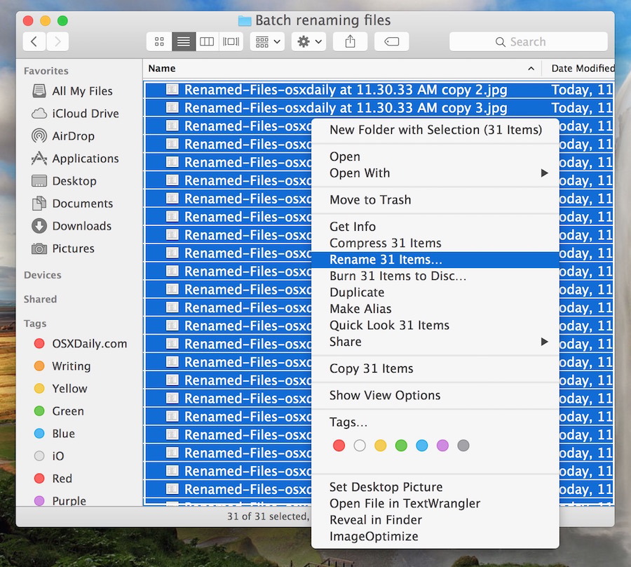 seleziona i file da rinominare in batch in Mac Finder