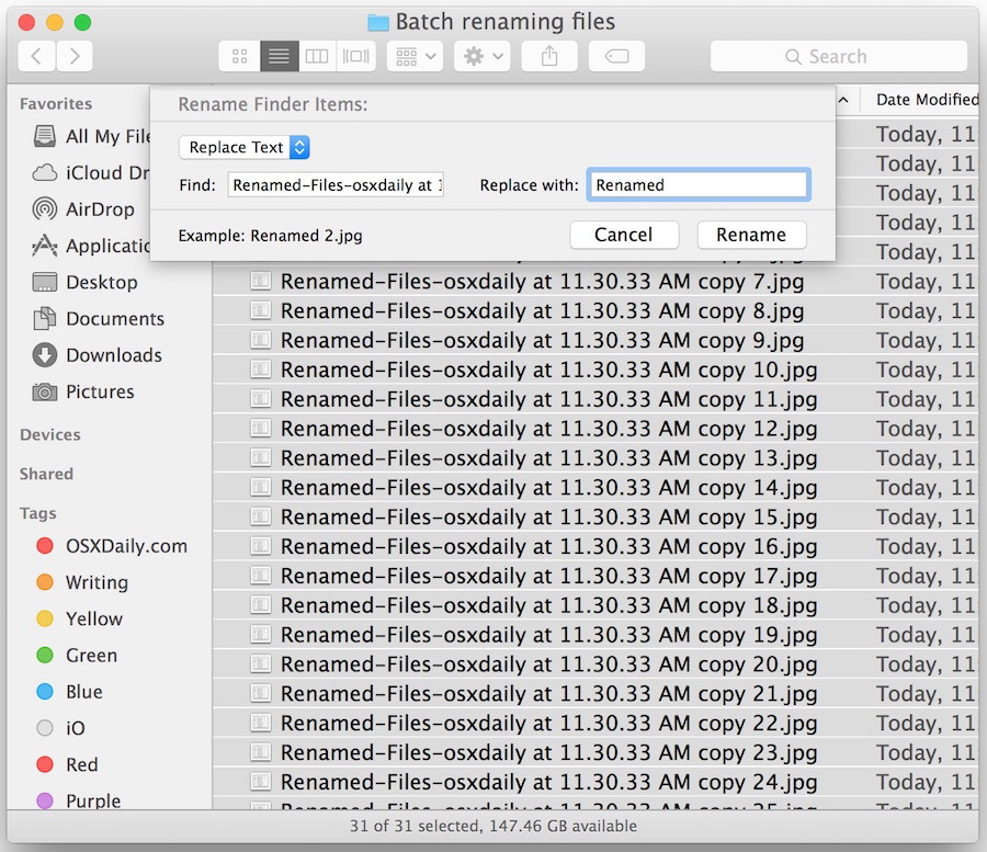 Scegli come rinominare tutti i file selezionati in blocco con lo strumento Rinomina batch di Mac OS X