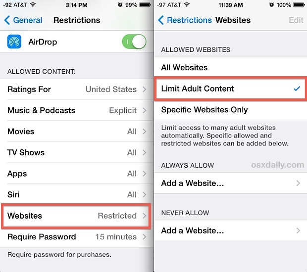 Impedire l'accesso a siti Web per adulti e contenuti per adulti con Limitazioni in iOS