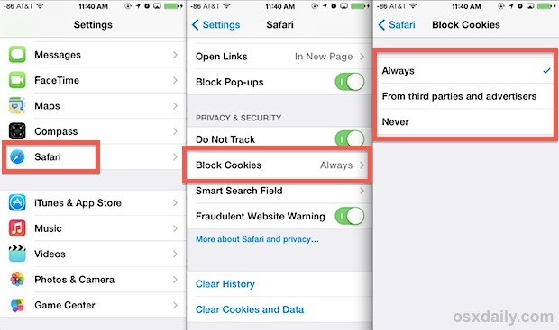 Regola le impostazioni di blocco dei cookie in Safari per iOS