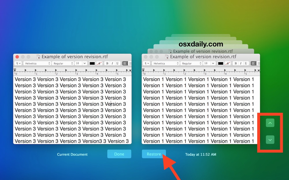Il browser di controllo della versione del file in Mac OS X consente di ripristinare le versioni di un file salvate in precedenza