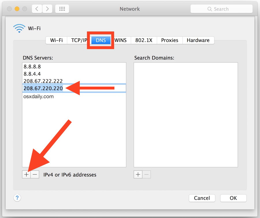 Aggiunta e modifica dei server DNS in Mac OS X
