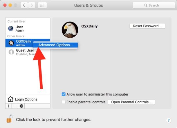 Scegli Opzioni avanzate per cambiare il nome completo dell'utente in Mac OS