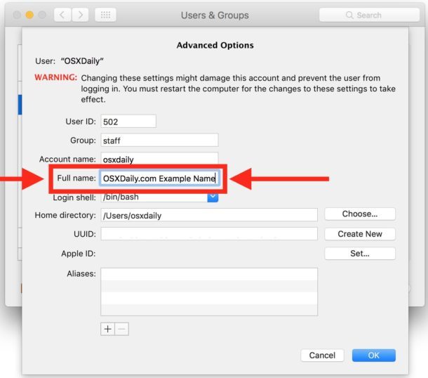 Cambia il nome completo dell'utente dell'account utente in Mac OS