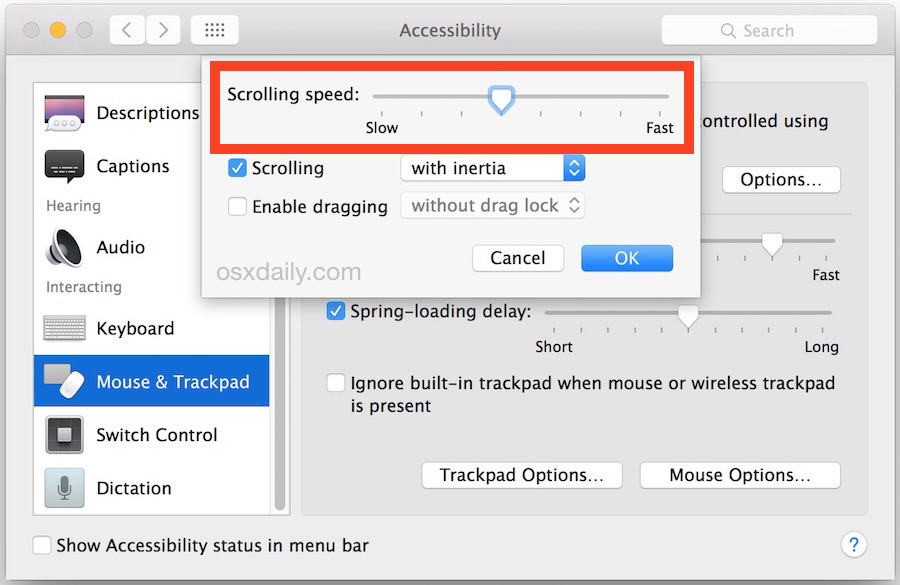 Cambia la velocità di scorrimento di un trackpad Mac