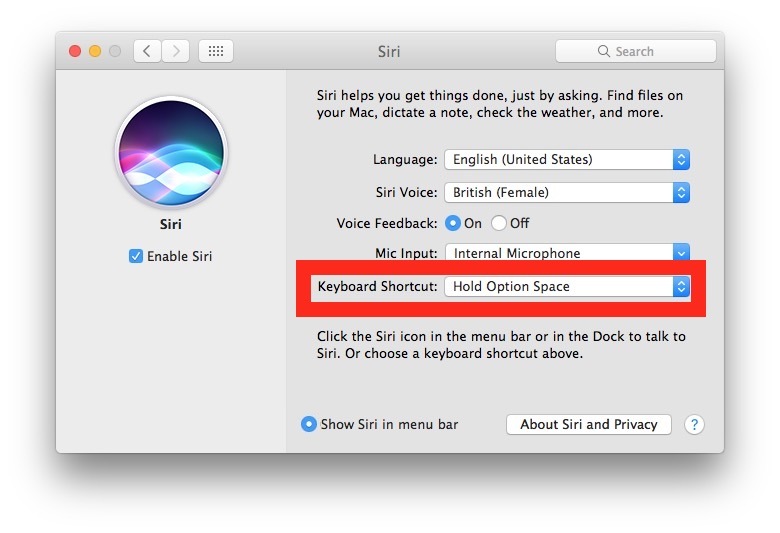 Cambia la scorciatoia da tastiera Siri su Mac