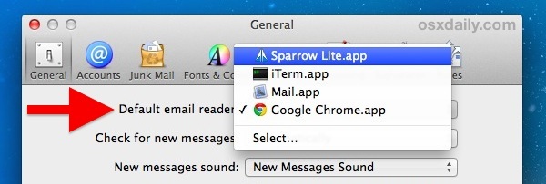 Altre opzioni client di posta predefinite in Mac OS X.