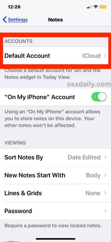 Cambia l'account predefinito di Notes in iOS