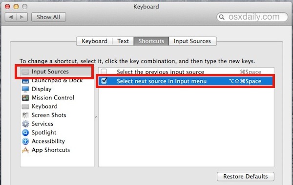 Imposta la sequenza di tasti per cambiare la tastiera della lingua in Mac OS X.