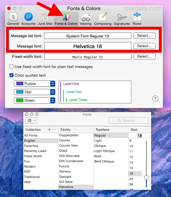 Cambia la dimensione del carattere della posta in Mac OS X.