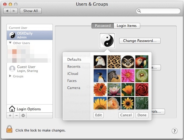 Modifica un'immagine del profilo utente in Mac OS X con le opzioni predefinite