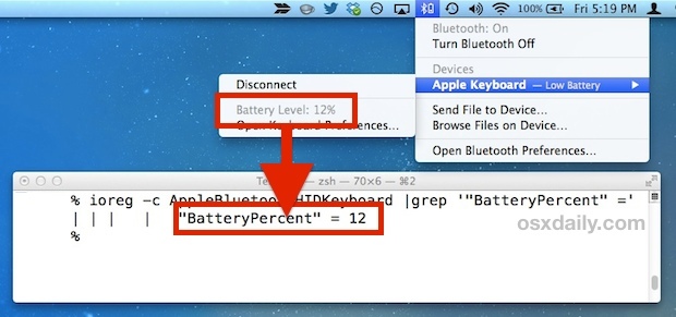 Livello della batteria Bluetooth visto dalla riga di comando in Mac OS X.