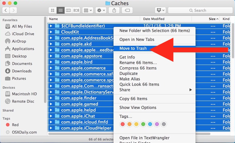 Sposta le cache nel Cestino sul Mac per eliminarle