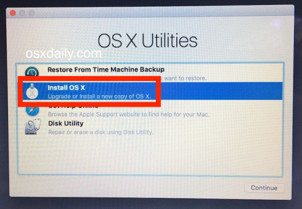 Scegli di installare OS X El Capitan dal menu OS X Utilities
