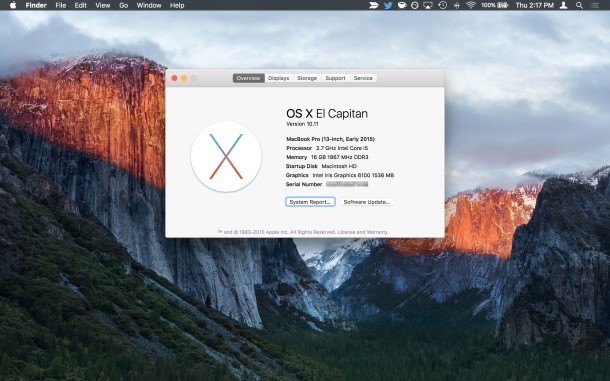 OS X El Capitan 10.11 schermata di Info su questo Mac