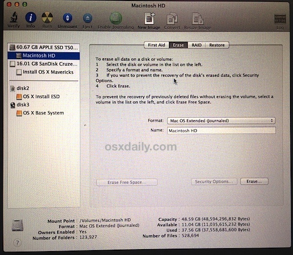 Formatta il disco rigido del Mac per l'installazione pulita di Mavericks