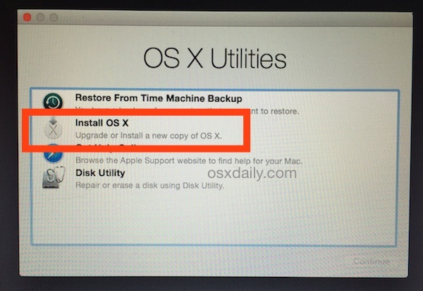 Scegli installa OS X Yosemite per iniziare una nuova installazione