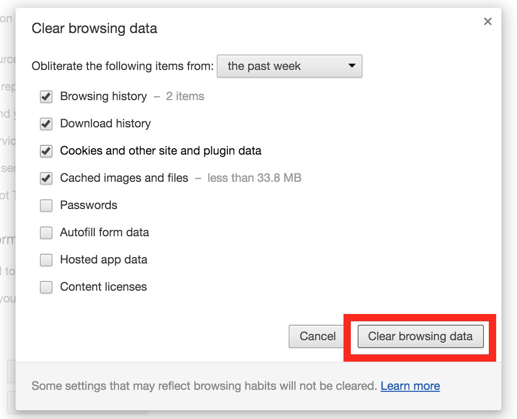 Chrome web clear data e browser cache
